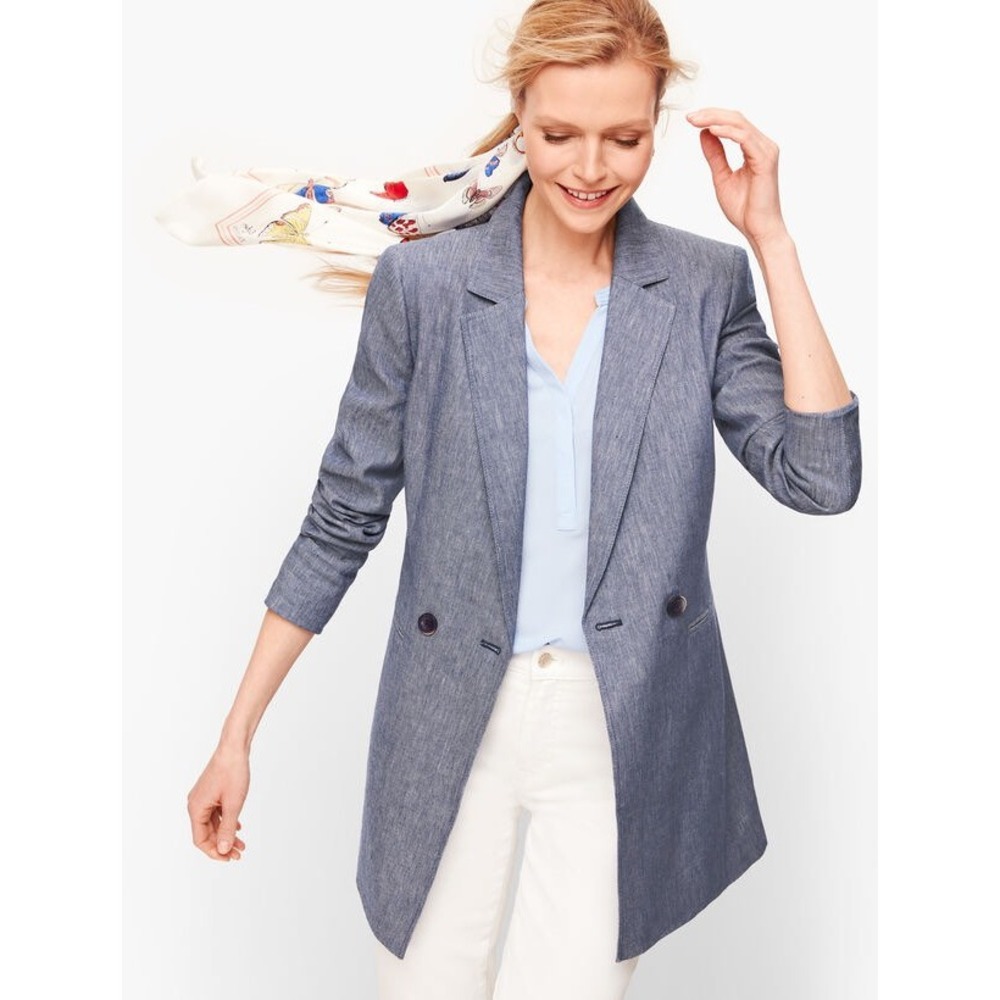 Talbots‎ Double Breasted Linen Blazer Size 16 Blue Chambray Minimalist Classic